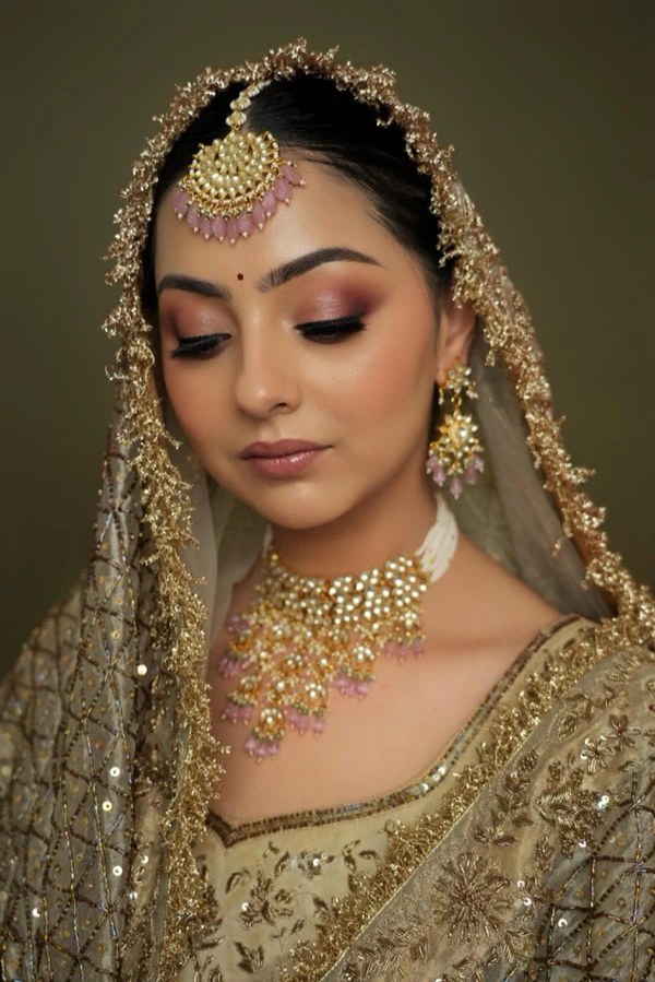 Basic engagement makeup with soft rose gold eyes and nude lips at Mark Salon, Hoshiarpur
